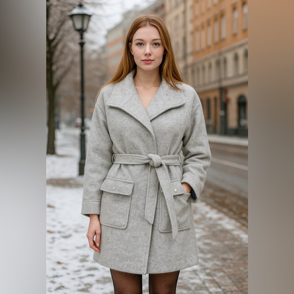 Wool Coat Alafoss of Iceland Icewool Gray Funnel Neck Mid Length Vtg Size Large